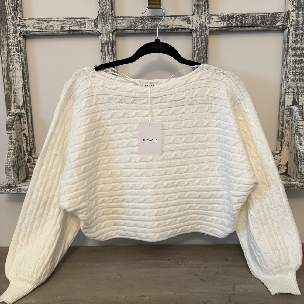 NWT MIRACLE Ivory Textured Knit Cropped Sweater – Size S/M